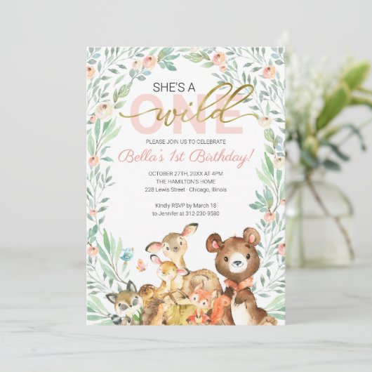 Woodland Animals Ze is een eerste verjaardag. Kaart (Staand voorkant)