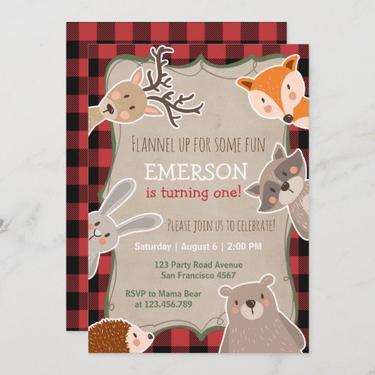 Woodland Anniversaire Invitation Lumberjack Fox Ou (Devant / Derrière)