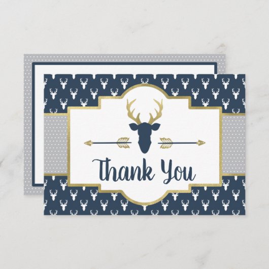 Woodland Antlers Bedankt Card, Navy, Grijs (Voorkant / Achterkant)
