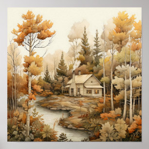 Woodland Art Gezellige Cabin Bossen Schilderen Poster
