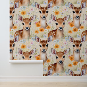 Woodland Baby Deer in een bloemenveld Behang