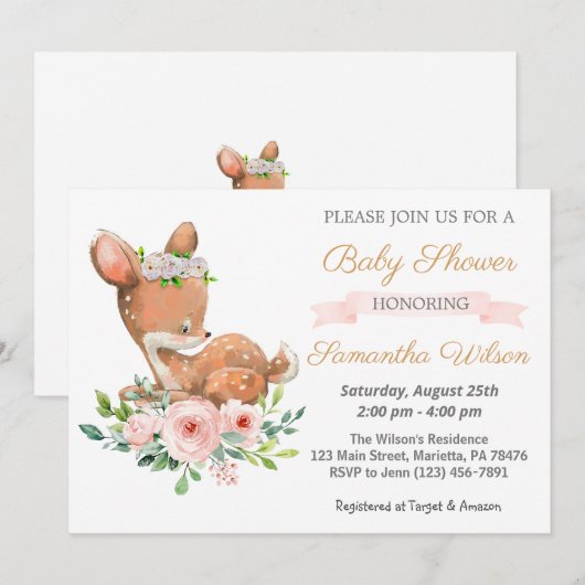 Woodland Baby Fawn Baby shower Invitation Kaart (Voorkant / Achterkant)