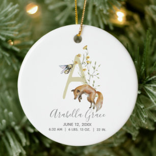 Woodland Baby Geboortestatistieken Foto Monogram A Keramisch Ornament
