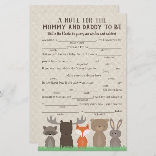 Woodland Baby shower Advice Game Kaarten (Voorkant / Achterkant)