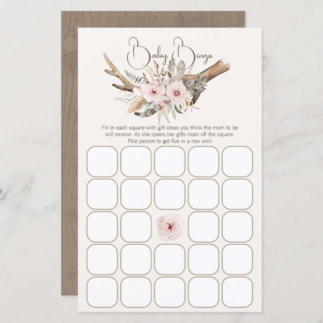 Woodland Baby shower Bingo Game – Rustiek Boho Wat (Voorkant / Achterkant)