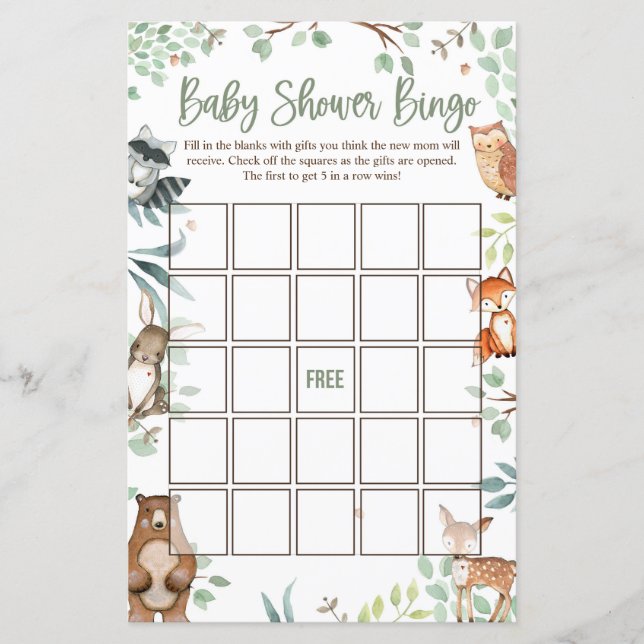 Woodland Baby shower Bingo Kaarten (Voorkant)
