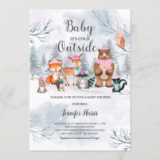 Woodland Baby shower d'hiver Fille Invitation forê