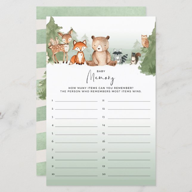 Woodland Baby shower Game Memory (Voorkant / Achterkant)