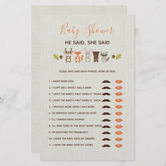 Woodland Baby shower Game zei ze: (Voorkant / Achterkant)