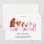 Woodland Baby shower invitation Fille rose Animaux (Devant / Derrière)