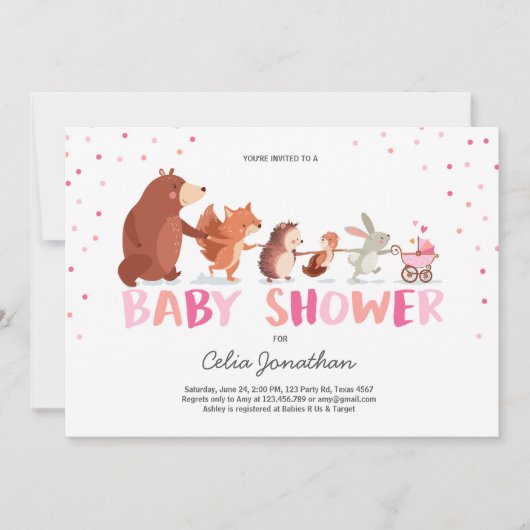 Woodland Baby shower invitation Fille rose Animaux (Devant)