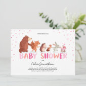 Woodland Baby shower invitation Fille rose Animaux (Debout devant)