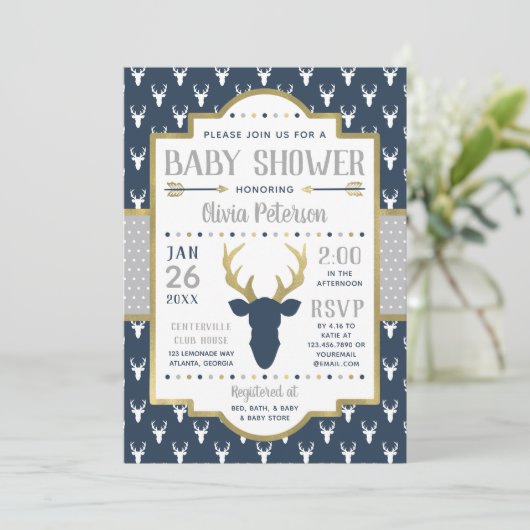 Woodland Baby shower Invitation, Navy, grijs, goud Kaart (Staand voorkant)