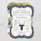 Woodland Baby shower Invitation, Navy, grijs, goud Kaart (Voorkant / Achterkant)