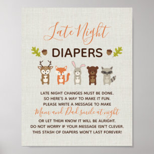 Woodland Baby shower Late Night Diapers Sign Poster