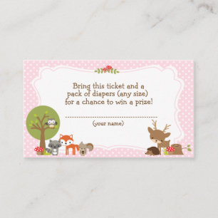 Woodland Baby shower Luier Raffle ticket roze Informatiekaartje