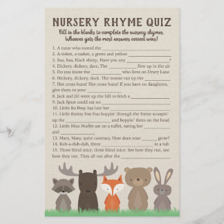 Woodland Baby shower Nursery Rhyme Quiz Game Kaart