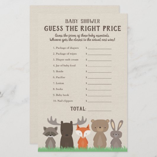 Woodland Baby shower Price is Right Game Kaarten (Voorkant / Achterkant)