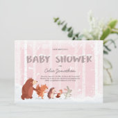 Woodland Baby shower uitnodiging Roze Wintersneeuw (Staand voorkant)