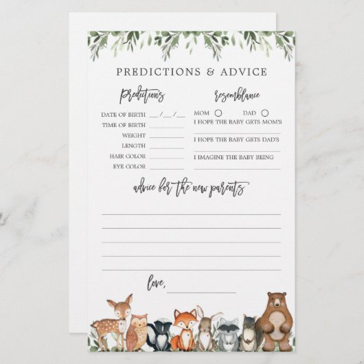 Woodland Baby shower voorspellingen en advies (Voorkant / Achterkant)