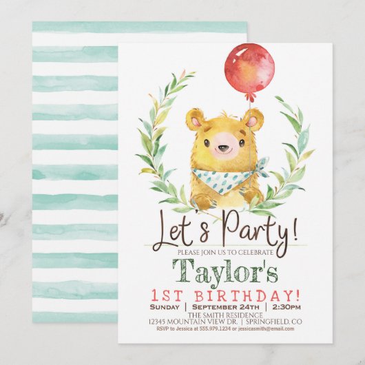Woodland Bear 1er Anniversaire Fête Invitation (Devant / Derrière)