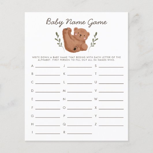 Woodland Beer Baby Name Shower Game (Voorkant)