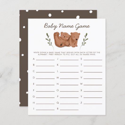Woodland Beren Twins Baby Name Shower Game (Voorkant / Achterkant)