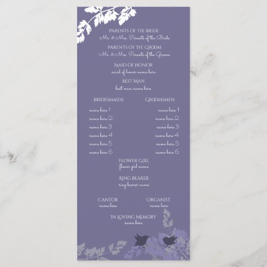 Woodland Birds en Foliage Paarse Programma (Achterkant)