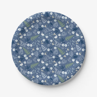 Woodland bloemen varen vogels blauw groen papieren bordje