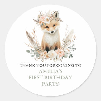 Woodland Boho Fox Girl Verjaardag gepersonaliseerd Ronde Sticker