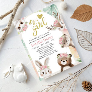 Woodland Boho Girl Baby shower met roze bloemen Kaart
