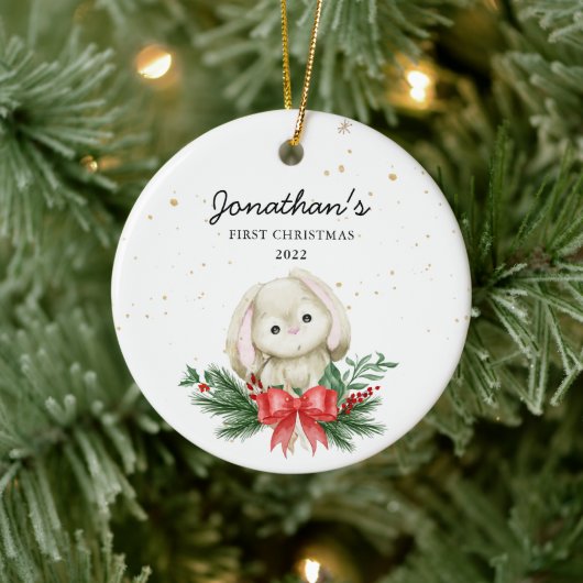 Woodland Bunny Baby's Eerste Kerstmis Keramisch Ornament (Boom)