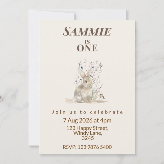 Woodland Bunny First Birthday Invitation (Devant)