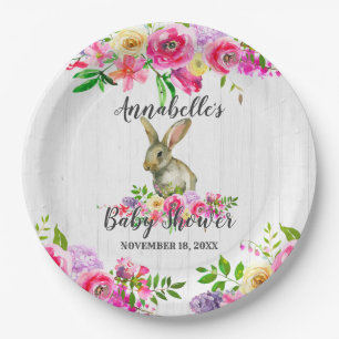 Woodland Bunny Rabbit Waterverf Bloemen Baby Showe Papieren Bordje