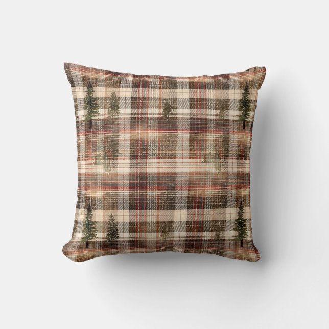 Woodland Cabin Plaid Pine Tree Kussen (Voorkant)