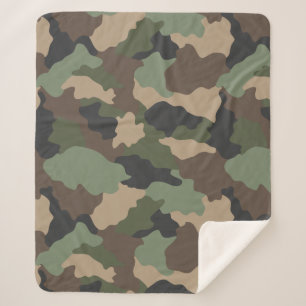 Woodland Camouflage Camo Khaki Green Tan Black Sherpa Deken