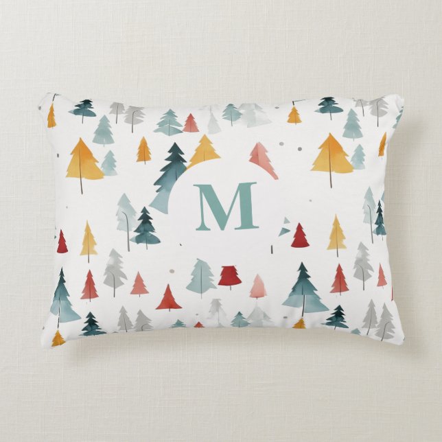 Woodland Charm Tranquil Trees Monogram Kussen (Voorkant)