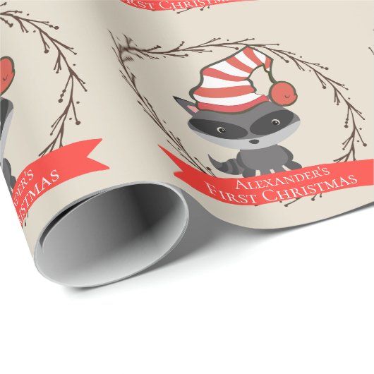 Woodland Creature Raccoon Baby's Eerste Kerstmis Cadeaupapier (Rol Hoek)