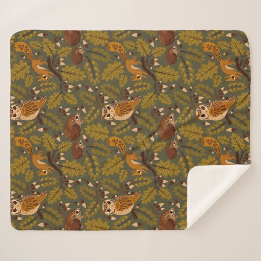 Woodland Creatures and Leaves Pattern Sherpa Deken (Voorkant (horizontaal))