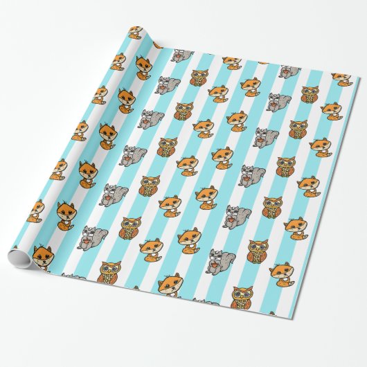 Woodland Creatures Fox, Squirrel and Owl Blue Cadeaupapier (Uitgerold)