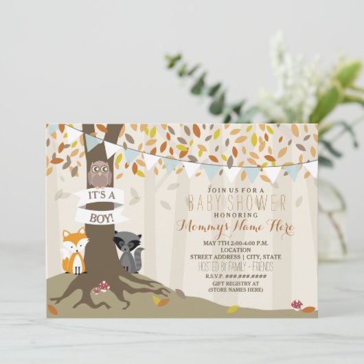 Woodland Creatures Herfst Autumn Baby shower - Boy Kaart (Staand voorkant)