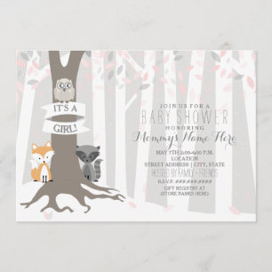 Woodland Creatures Winter Baby shower - Girl Kaart