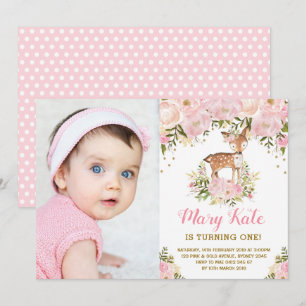 Woodland Deer 1st Birthday Pink Gold Pastel Floral Kaart