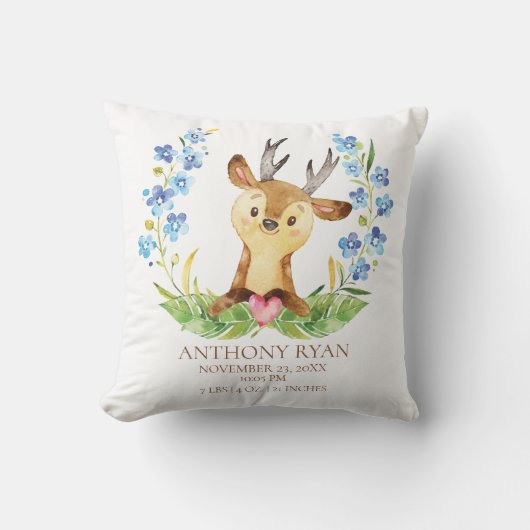 Woodland Deer Baby Birth Stats Coussin (Recto)