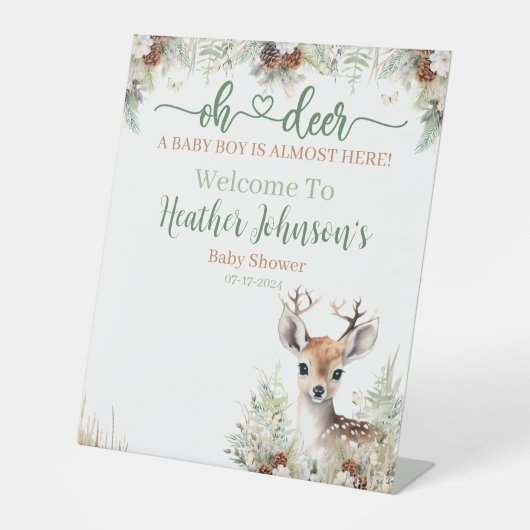 Woodland Deer Baby shower Boy Reclamebord Met Voetstuk (Voorkant)