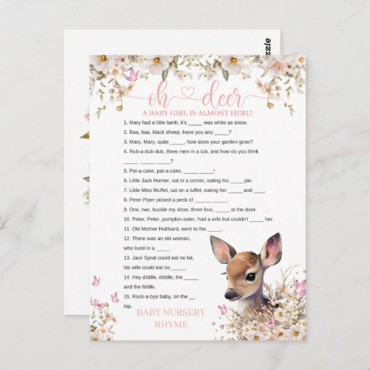 Woodland Deer Baby shower Game Briefkaart (Voorkant / Achterkant)