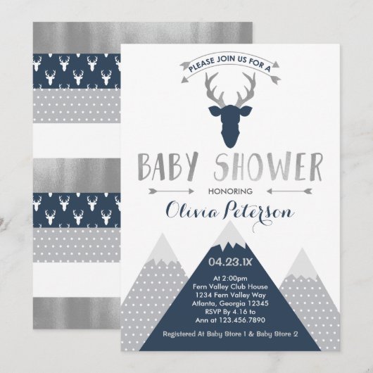 Woodland Deer Baby shower Invitation, Faux Folie Kaart (Voorkant / Achterkant)