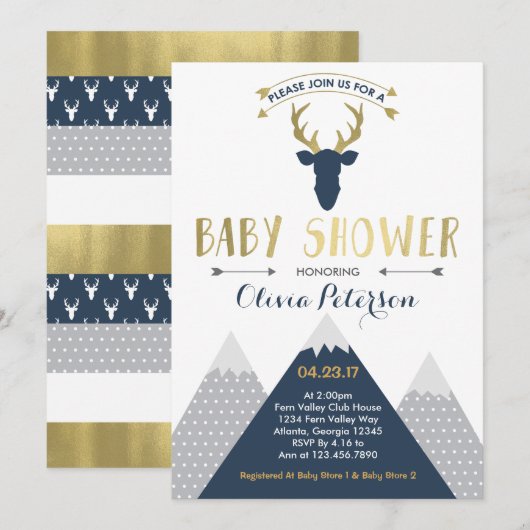 Woodland Deer Baby shower Invitation, Faux Folie Kaart (Voorkant / Achterkant)