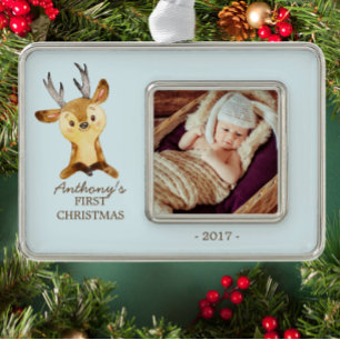 Woodland Deer Baby's 1e kerstfoto Ornament
