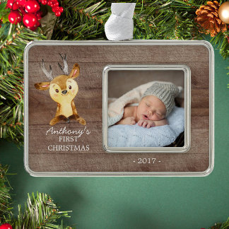 Woodland Deer Baby's 1e kerstfoto Ornament